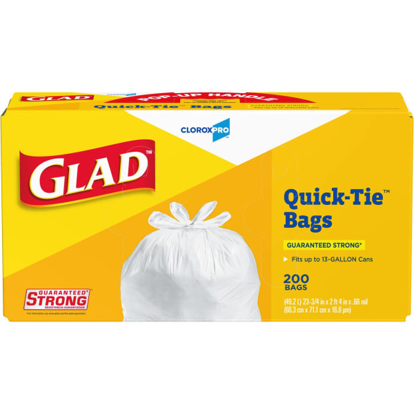 CloroxPro Glad Quick Tie Tall Trash Bags, 13 Gallon, 200 Count