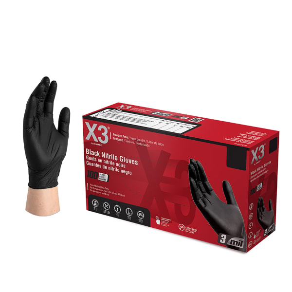 X3 Nitrile PF Gloves, Medium, Black, 10 Gloves Per Box, Case Of 10 Boxes