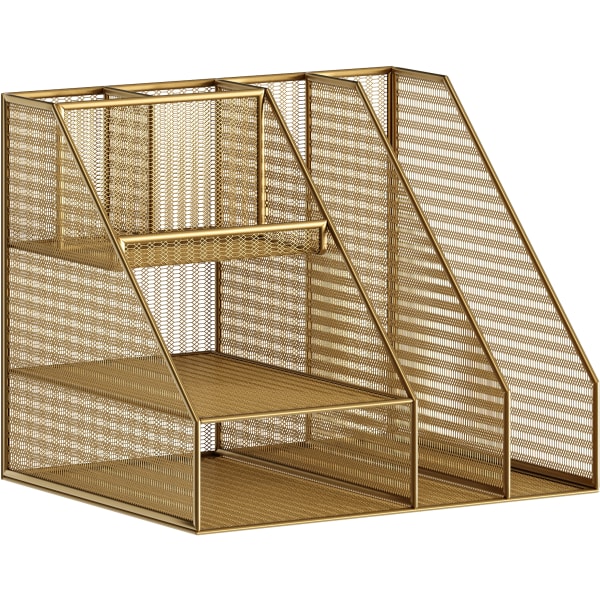 Martha Stewart Ryder Mesh Metal Large Desktop Organizer With Magazine File Holder, Pen Holder And Storage, 10inH x 12-1/2inW x 10inD, Gold