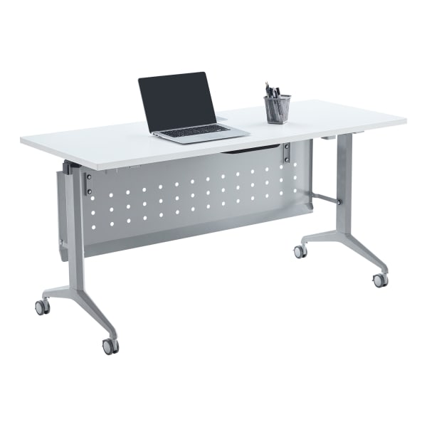 WorkPro AnyPlace Flip-Top Nesting Training Table With Modesty Panel, 60inW x 29-1/2inH x 24inD, White/Silver