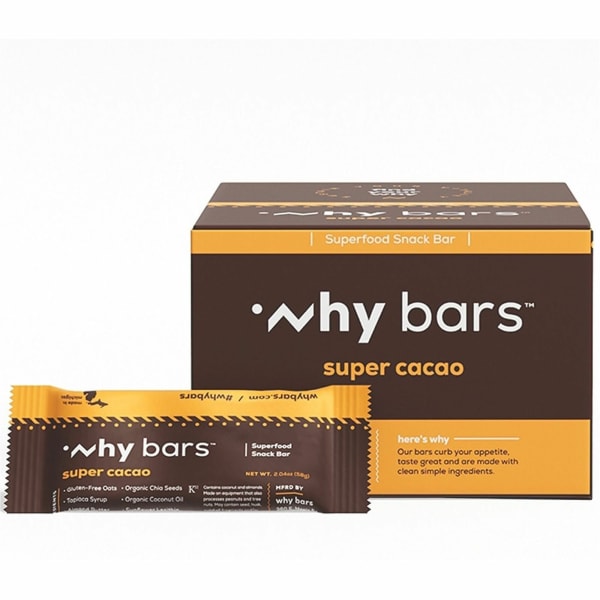 Why Bars Superfood Protein Snack Bars - Gluten-free, Dairy-free, Soy-free, Non-GMO, Individually Wrapped - Super Cacao - 2.04 oz - 12 / Pack