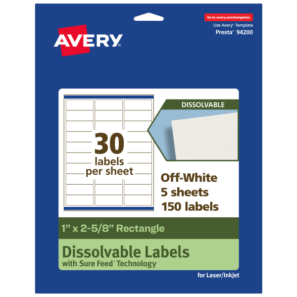 Avery Dissolvable Labels With Sure Feed Technology, 94200-DWMP5, Rectangle, 1inx2-5/8in, Matte Off-White, Pack Of 150