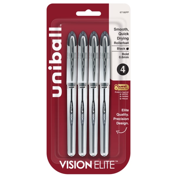 uni-ball Vision Elite Liquid Ink Rollerball Pens, Bold Point, 0.8 mm, White Barrel, Black Ink, Pack Of 4