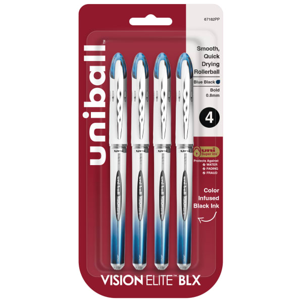 uni-ball Vision Elite Liquid Ink Rollerball Pen, Bold Point, 0.8 mm, Silver Barrels, Blue/Black Ink