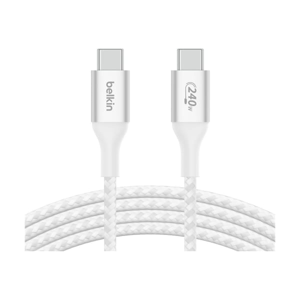 Belkin 240W USB-C to USB-C Cable - 480 Mbps - Nylon, Braided - M/M - 2m/6.6ft - White - 6.56 ft USB-C Data Transfer Cable - CAB015BT2MWH