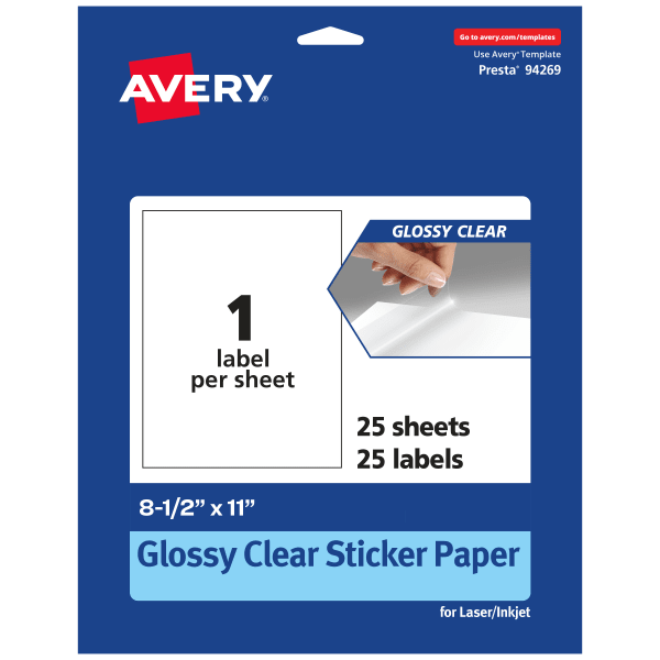 Avery Glossy Permanent Labels, 94269-CGF25, Rectangle, 8-1/2in x 11in, Clear, Pack Of 25