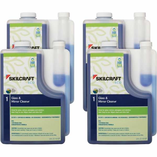 SKILCRAFT Glass and Mirror Cleaner - For Glass, Mirror, Plexiglas, Stainless Steel - Ready-To-Use/Concentrate - Liquid - 67.6 fl oz (2.1 quart)Bottle - 4 / Box - VOC-free, Non Ammoniated, Quick Drying - Blue