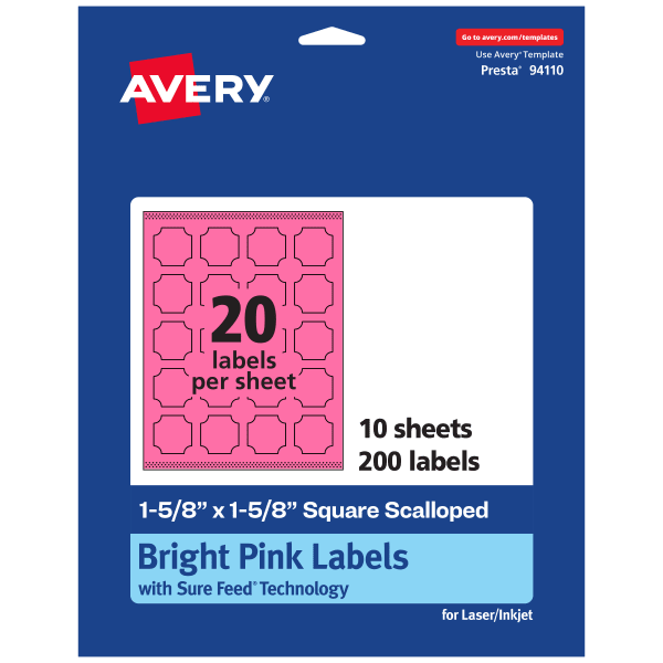 Avery Print-To-The-Edge Labels With Sure Feed Technology, 94110-BPP10, Square Scalloped, 1-5/8in x 1-5/8in, Matte Bright Pink, Pack of 200