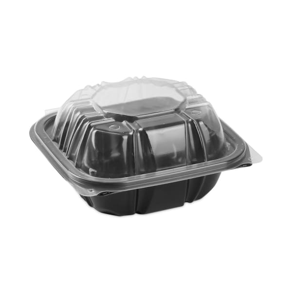 Pactiv Evergreen EarthChoice Vented Dual-Color Microwavable Hinged-Lid Containers, 1-Compartment, 16 Oz, 3inH x 6inW x 6inD, Black/Clear, Pack Of 321 Containers