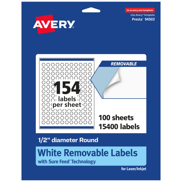 Avery Removable Labels With Sure Feed, 94503-RMP100, Round, 1/2in Diameter, White, Pack Of 15,400 Labels