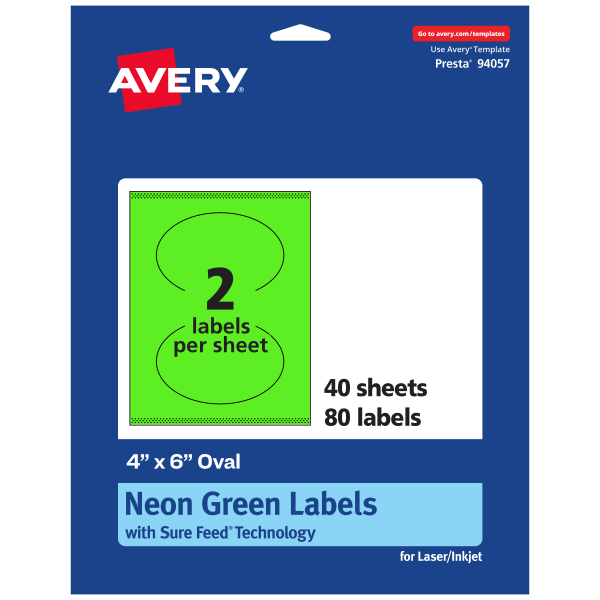 Avery Print-To-The-Edge Labels With Sure Feed Technology, 94057-NGP40, Oval, 4in x 6in, Matte Neon Green, Pack of 80