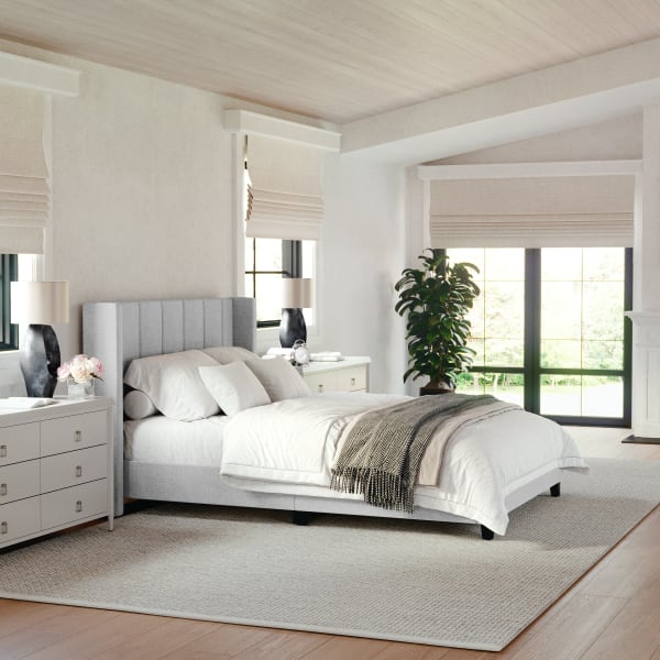 Martha Stewart Kay Upholstered Platform Bed with Channel Stitched Wingback Headboard and Cushioned Siderails, Wood Slat Foundation, No Box Spring Needed, Gray Fabric/Black Legs, Full