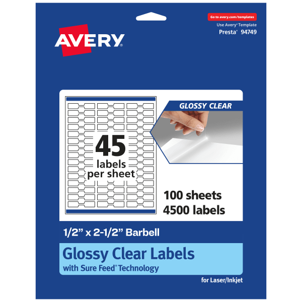Avery Glossy Permanent Labels With Sure Feed, 94749-CGF100, Barbell, 1/2in x 2-1/2in, Clear, Pack Of 4,500