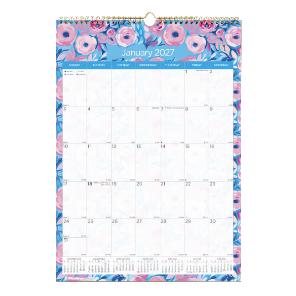 2027 Blueline Colorful Monthly Wall Calendar, 12in x 17in, Floral, January To December, C173128, Total Qty 1