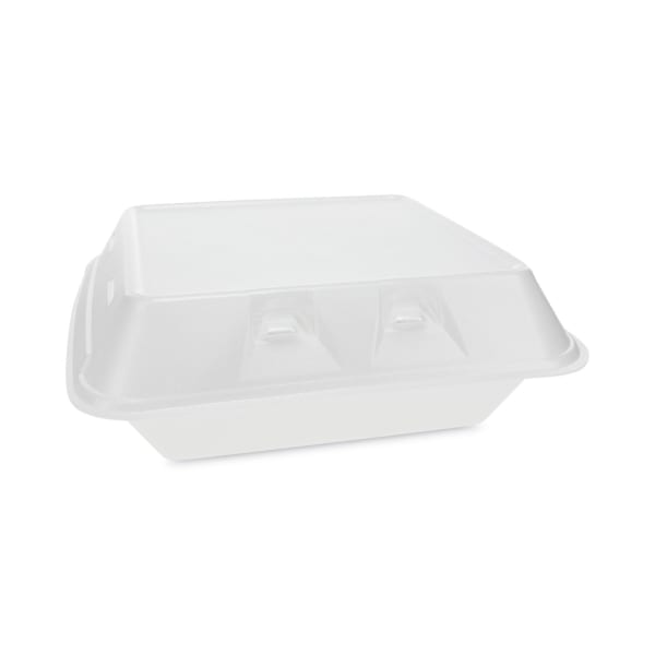 Pactiv Evergreen SmartLock Vented Foam Hinged Lid Containers, 3-Compartment, 3-1/4inH x 9inW x 9-1/4inD, White, Carton Of 150 Containers