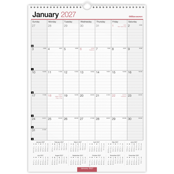Office Depot Brand Monthly Wall Calendar, 12in x 17in, White, January 2027 to December 2027, OD30162827