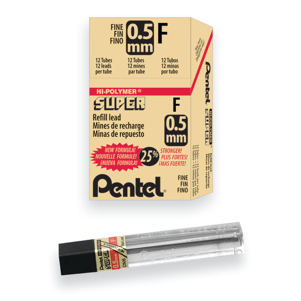 Pentel Super Hi-Polymer Leads, 0.5 mm, F, Medium, 12 Leads Per Tube