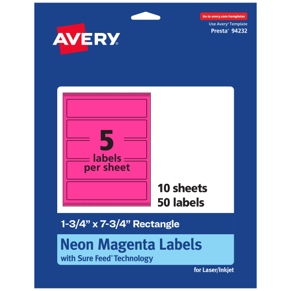Avery Print-To-The-Edge Labels With Sure Feed Technology, 94232-NMP10, Rectangle, 1-3/4in x 7-3/4in, Matte Neon Magenta, Pack of 50