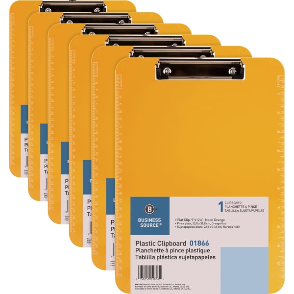 Business Source Flat Clip Clipboard - 9in x 12in Sheet Size - Plastic - Neon Orange - 6 / Bundle