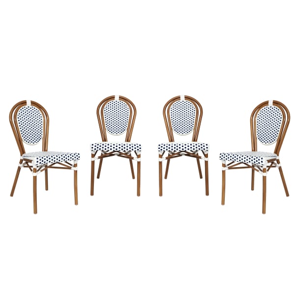 Flash Furniture 4 Pack Lourdes Indoor/Outdoor Commercial Thonet Bistro Stacking Chair, PE Rattan and Aluminum Frame, White & Navy/Natural Frame