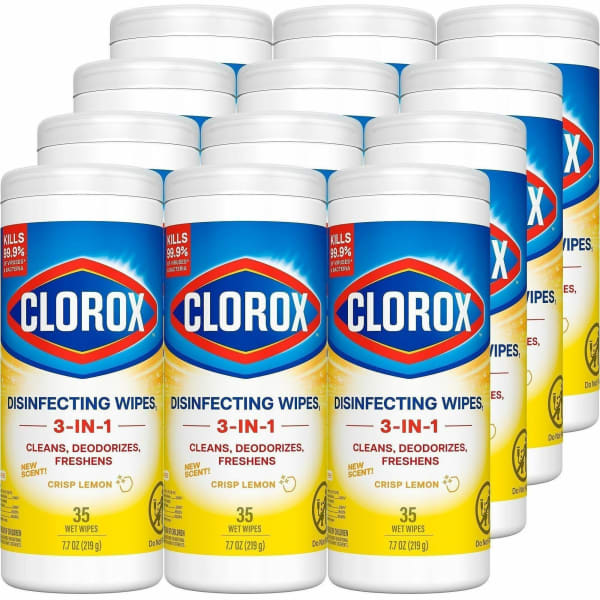 Clorox Disinfecting Cleaning Wipes - Ready-To-Use - Crisp Lemon Scent - Anti-bacterial, Textured, Bleach-free - Yellow - 35 Tub - 420 / Bundle