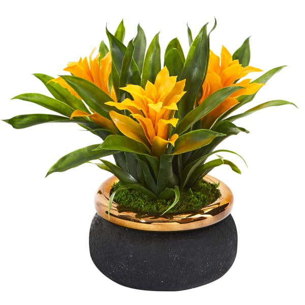 Nearly Natural Bromeliad 11inH Artificial Plant With Stoneware Planter, 11inH x 15inW x 15inD, Yellow/Black