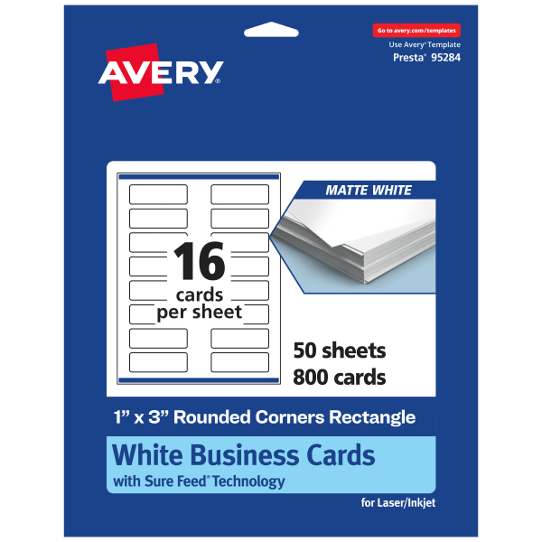 Avery Printable Rounded Corner Mini Business Cards With Sure Feed Technology, Print-To-The-Edge, 1inx3in, Matte White, Pack Of 800