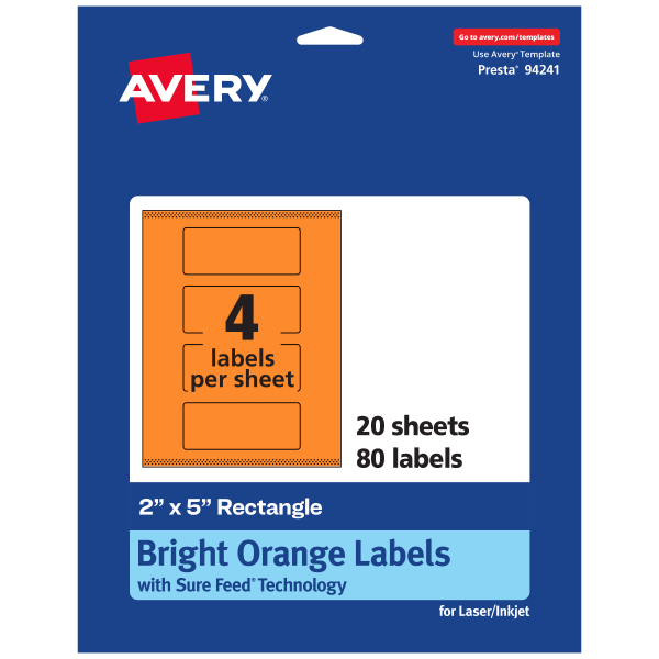 Avery Print-To-The-Edge Labels With Sure Feed Technology, 94241-BOP20, Rectangle, 2in x 5in, Matte Bright Orange, Pack of 80