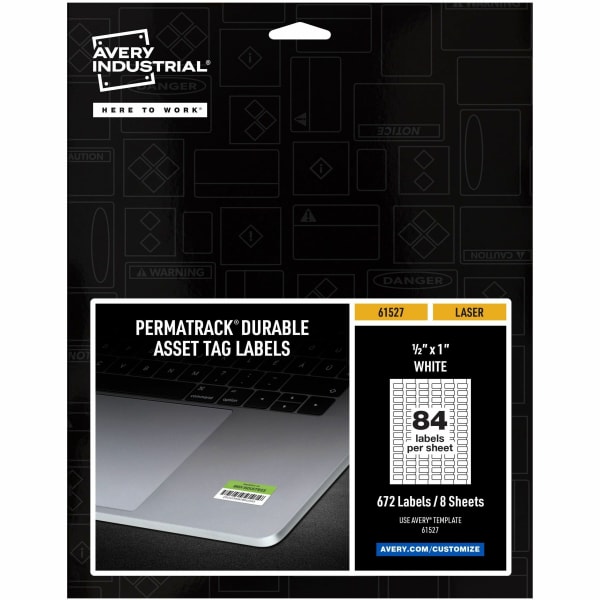 Avery PermaTrack Durable White Asset Tag Labels, 1/2in x 1in , 672 Asset Tags - 1/2in Width x 1in Length - Permanent Adhesive - Rectangle - Laser - White - Film - 84 / Sheet - 8 Total Sheets - 672 Total Label(s) - Water Resistant - 672 / Pack