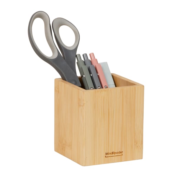 Mind Reader Pen Cup, Desktop Organization, Bamboo, 3-1/2inL x 3-1/2inW x 3-22/25inH, Brown