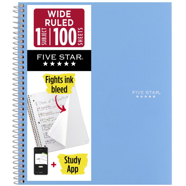 Five Star Wire-Bound Notebook, 8in x 10-1/2in, 1 Subject, Wide Ruled, 100 Sheets, Tidewater Blue
