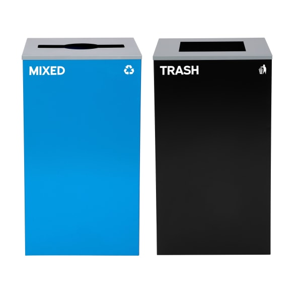 Alpine Industries Stainless-Steel Open Top Mixed Recycling And Trash Can Set With Square And Mixed Lids, 29 Gallons, 30inH x 16-15/16inW x 16-15/16inD, Black/Blue, Set Of 2 Trash Cans