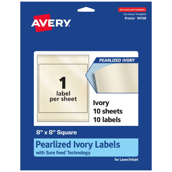 Avery Pearlized Permanent Labels With Sure Feed, 94108-PIP10, Square, 8in x 8in, Ivory, Pack Of 10 Labels