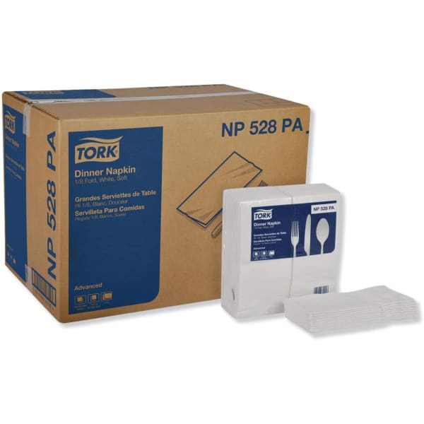 TORK White Soft Dinner Napkin - 1/8 Fold - 2 Ply - Tall Fold - 16.75in Width x 15in Length - White - 100 Pack - 28 / Carton