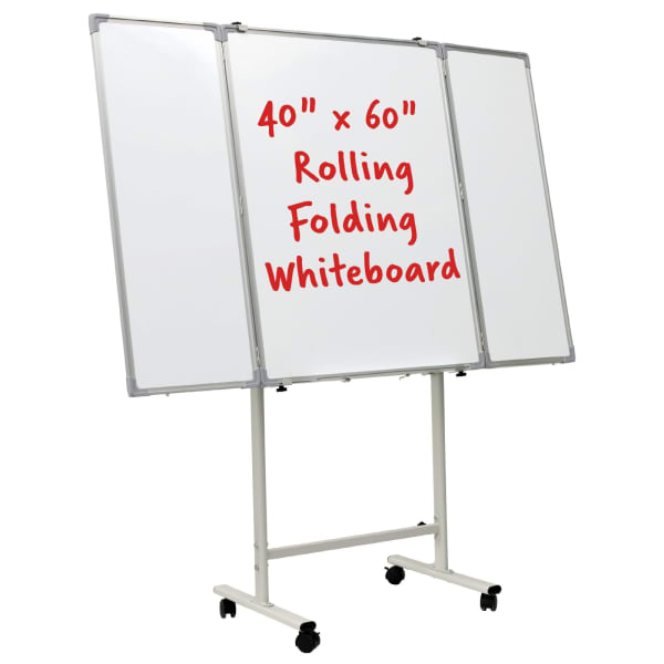Excello Global Products Magnetic Dry-Erase Mobile Folding Whiteboard, 40in x 60in, Silver Aluminum Frame