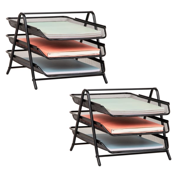 Mind Reader 3-Tier Paper Tray Desktop Organizer, File Storage, 10inH x 13-3/4inW x 11-1/2inL, Black, Set of 2 Trays