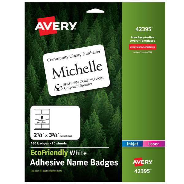 Avery EcoFriendly 100% Recycled Name Badges, 2 1/3in x 3 3/8in, White, Pack Of 160