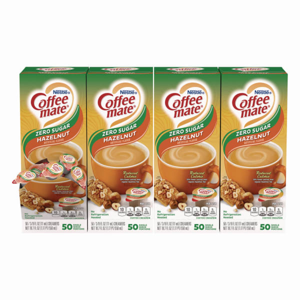 Nestle Coffee mate Liquid Coffee Creamer, Zero Sugar Hazelnut, 0.38 Oz, 50 Mini Cups Per Box, Carton Of 4 Boxes