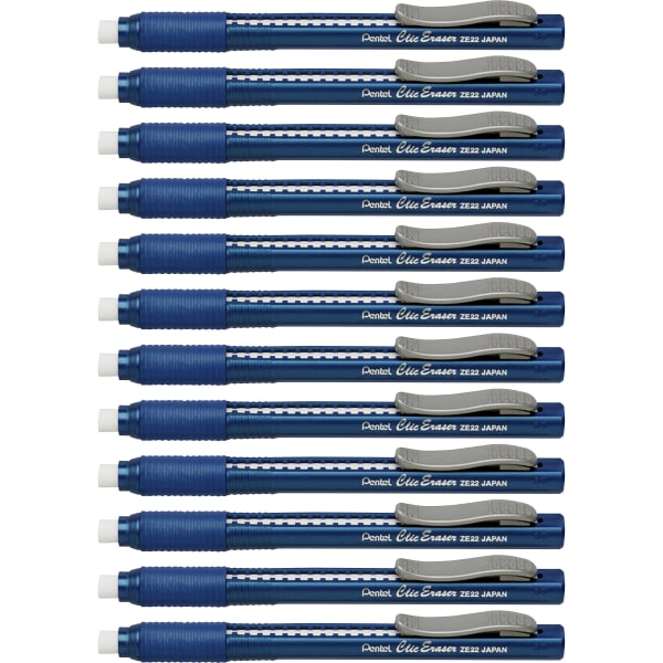 Pentel Rubber Grip Clic Eraser - Blue Barrel - Pen - Refillable - 12 / Box - Retractable, Latex-free Grip, Pocket Clip, Ghost Resistant, Non-abrasive