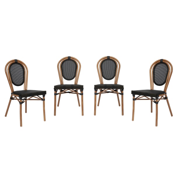 Flash Furniture 4 Pack Marseille Indoor/Outdoor Commercial Thonet Bistro Stacking Chair, Textilene and Bamboo Print Aluminum Frame, Black/Natural Frame