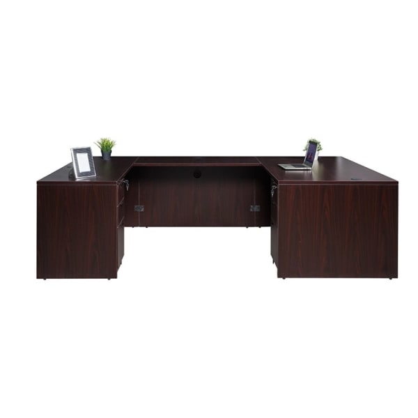 Boss Holland Series Office Suite With 71inW Desk, Bridge, Credenza & 2 Pedestal Files, Mahogany