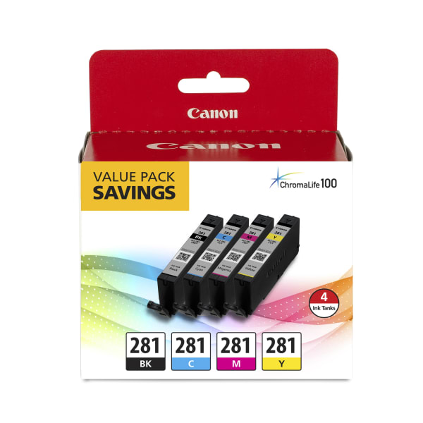Canon CLI-281 ChromaLife 100+ Black And Cyan, Magenta, Yellow Ink Tanks, Pack Of 4, 2091C005