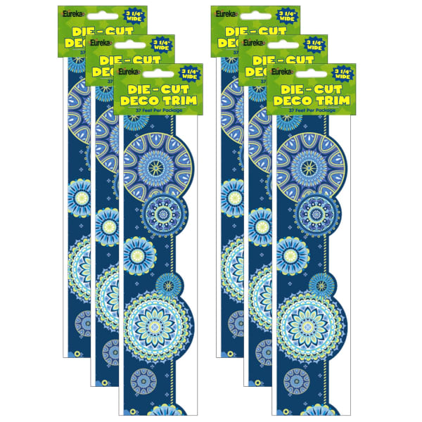 Eureka Extra Wide Deco Trim Packs, 37' x 3-1/4in, Blue Harmony Mandala, Set Of 6 Packs
