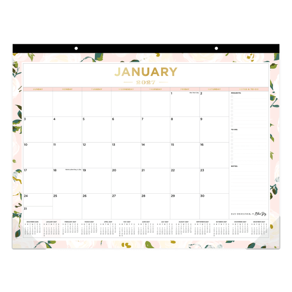 2027 Blue Sky Coming Up Roses Blush Monthly Desk Pad Planning Calendar, 22x17, 0%, Coming Up Roses Blush, Jan-Dec, RY27