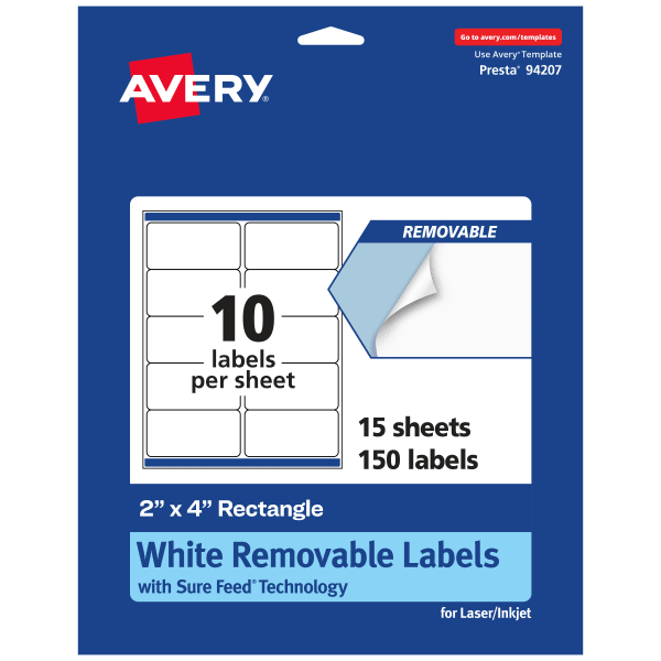 Avery Removable Labels With Sure Feed, 94207-RMP15, Rectangle, 2in x 4in, White, Pack Of 150 Labels