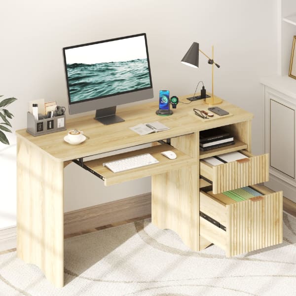 Bestier 55in Computer Desk With Power Outlets, 2 Storage Drawers And Keyboard Tray, Natural