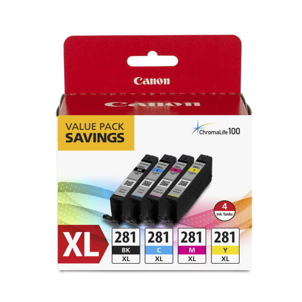 Canon CLI-281XL ChromaLife 100+ Black; Cyan; Magenta; Yellow High-Yield Ink Tanks, Pack Of 4, 2091C005