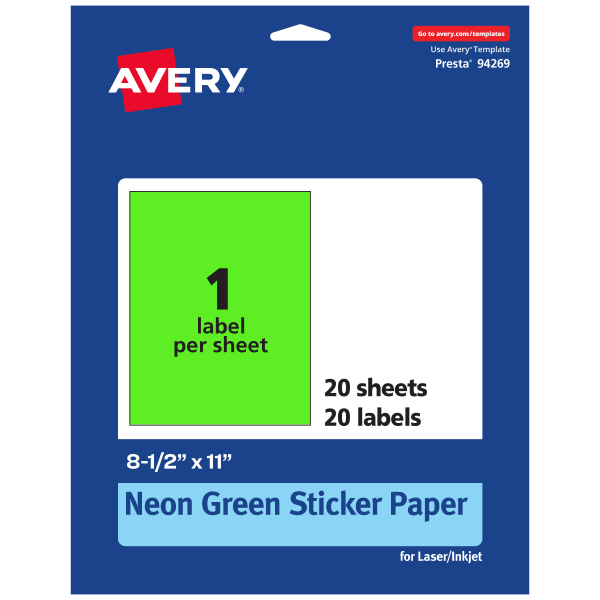 Avery Printable Sticker Paper, 94269-NGP20, Rectangle, 8-1/2in x 11in, Matte Neon Green, Pack of 20