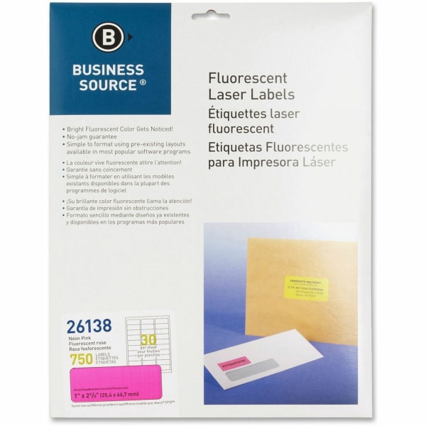Business Source Neon Labels - 1in Width x 2 5/8in Length - Permanent Adhesive - Rectangle - Laser - Neon Pink - 30 / Sheet - Jam-free, Pressure Sensitive - 750 / Pack
