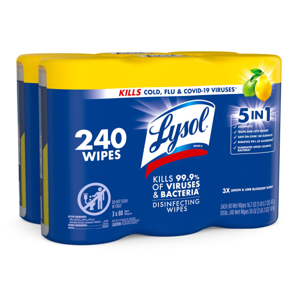 Lysol Disinfecting Wipes, Lemon Lime Blossom Scent, 80 Wipes Per Canister, Carton Of 6 Canisters